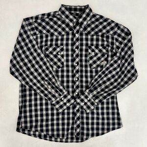Wrancher By Wrangler Mens XL Button Up Western Shirt Black Plaid Pearl Snap